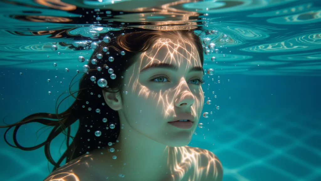 A víz alatt lebegő fiatal nő arca, akit a fények és buborékok varázsa vesz körül, a mélyebb érzelmek felfedezését szimbolizálja.