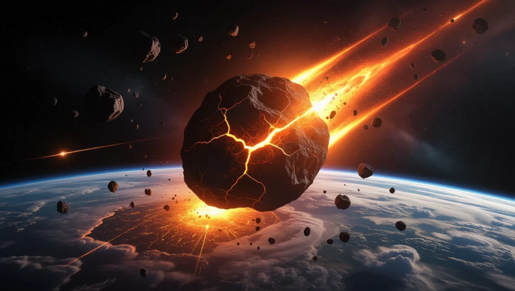 Egy meteor hatalmas sebességgel csapódik a Földbe, fényes lángokkal körülvéve, a világűr sötét háttérében.