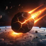 Egy meteor hatalmas sebességgel csapódik a Földbe, fényes lángokkal körülvéve, a világűr sötét háttérében.