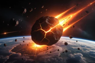Egy meteor hatalmas sebességgel csapódik a Földbe, fényes lángokkal körülvéve, a világűr sötét háttérében.