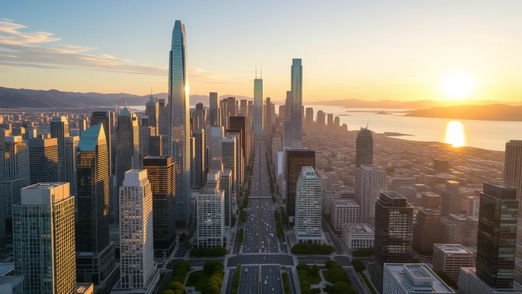 A naplemente fényei alatt egy metropolisz látképe álmainkban a városi élet dinamikáját jelképezheti.