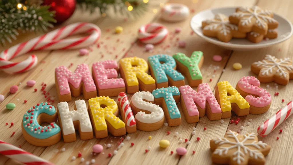 Karácsonyi mézeskalácsok színes betűkkel, ünnepi dekorációval.