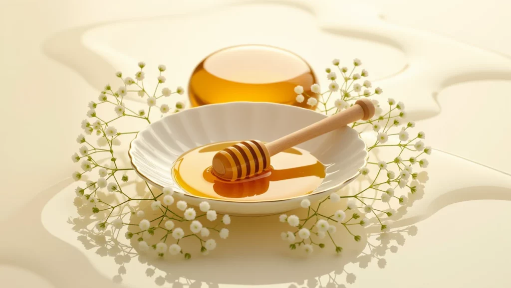 Egy tál méz és egy mézes kanál, körülötte fehér virágok, a boldogság és szerencse szimbólumai.