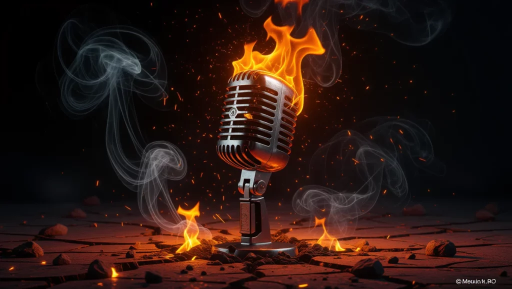 Egy lángoló mikrofon áll a földön, füst és lángok körülötte, szimbolizálva az önkifejezést.