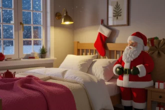 Egy karácsonyi szobabelső, ahol Mikulás figura áll a hálószoba mellett, az ablakon hóesés látható.