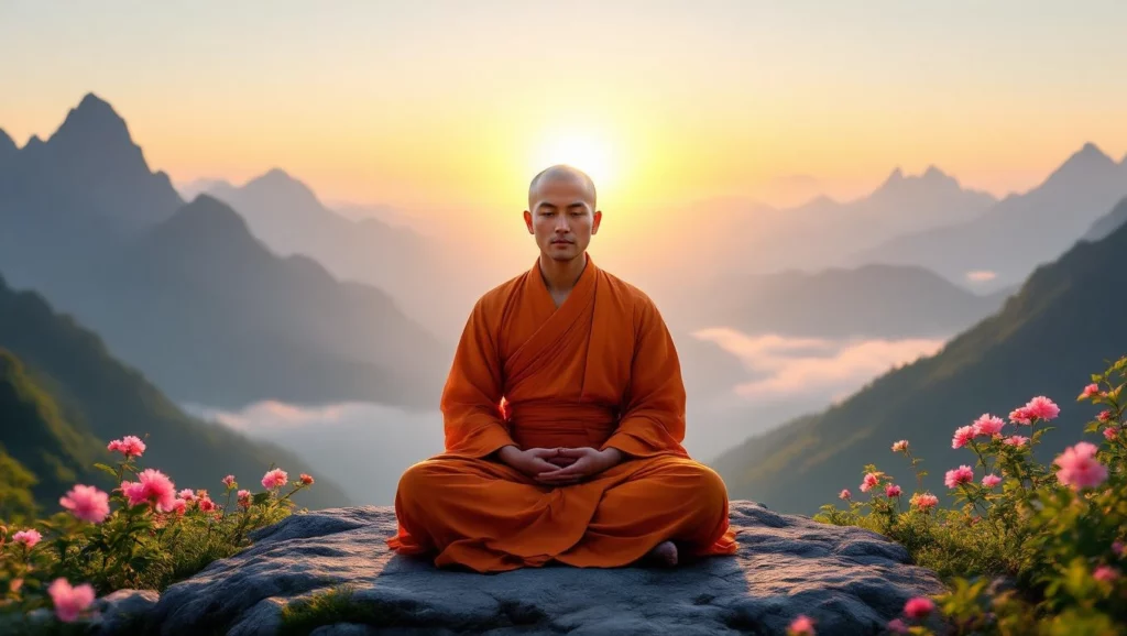 A meditáló szerzetes képe a hegyekben, amely az önismeret és a belső béke keresését szimbolizálja.