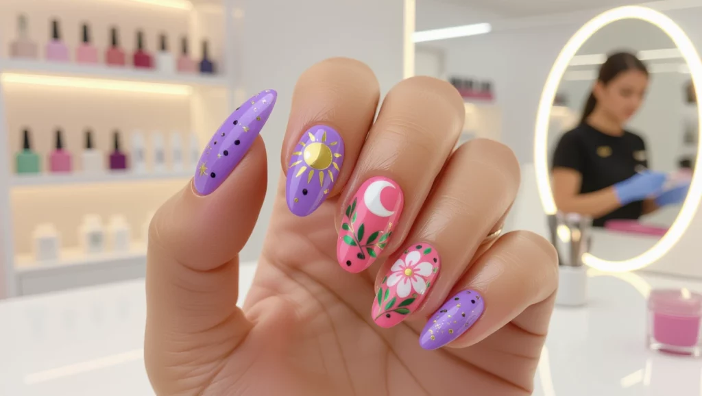 A színes műkörmök álomfejtésben a kreativitás és az önkifejezés szimbólumai, amelyek a boldogságot és a pozitív energiát jelzik.