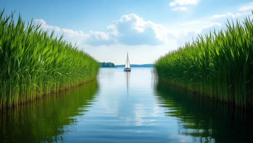 A nád között vitorlázó hajó álmaink vízpartját szimbolizálja, a nyugalom és a felfedezés vágyát.