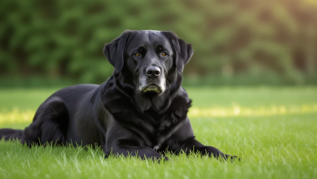 Egy nagy fekete kutya fekszik a zöld fűben, nyugodt és figyelmes tekintettel, ami biztonságot sugall.