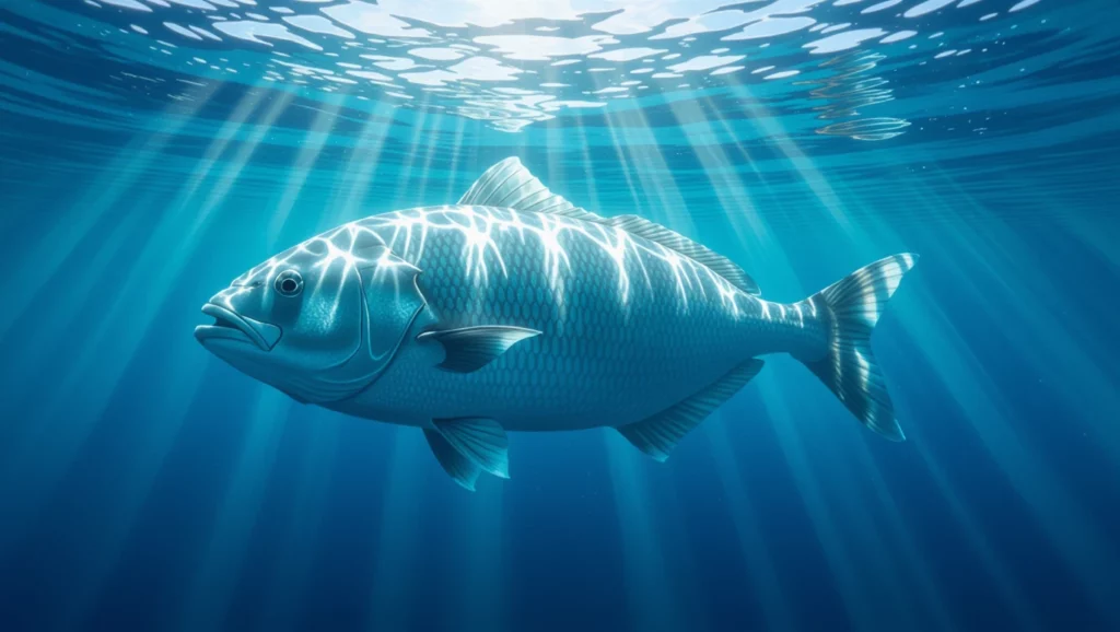 Egy nagy hal úszik a tiszta vízben, fények játszanak a víz felszínén, szimbolizálva a gazdagságot és lehetőségeket.