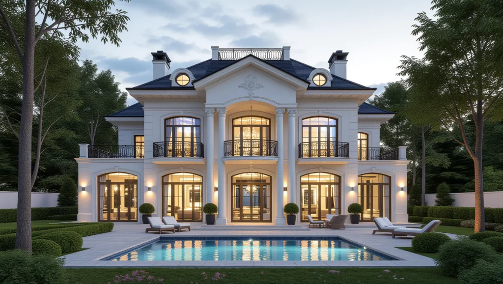Egy impozáns, nagy ház, szépen megvilágítva, medencével és zöld növényzettel körülvéve, amely az álmok és új lehetőségek szimbóluma.