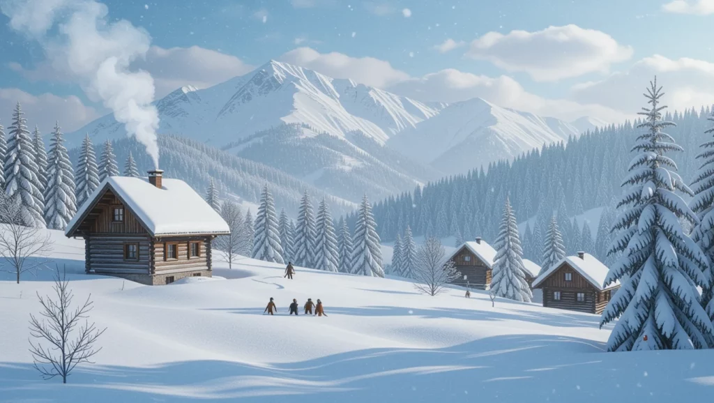 Télies táj, hó borította fák és hegyek, egy kis faház füstölgő kéménnyel, emberek sétálnak a hóban.