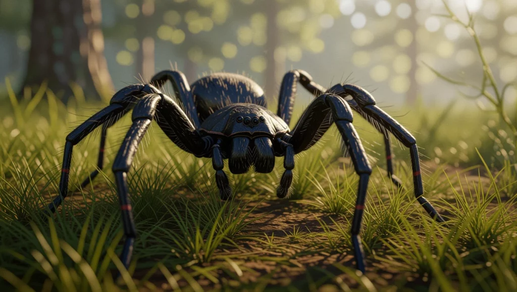 Egy nagy fekete pók látható, amely fűben áll, háttérben zöld fák és lágy fények.