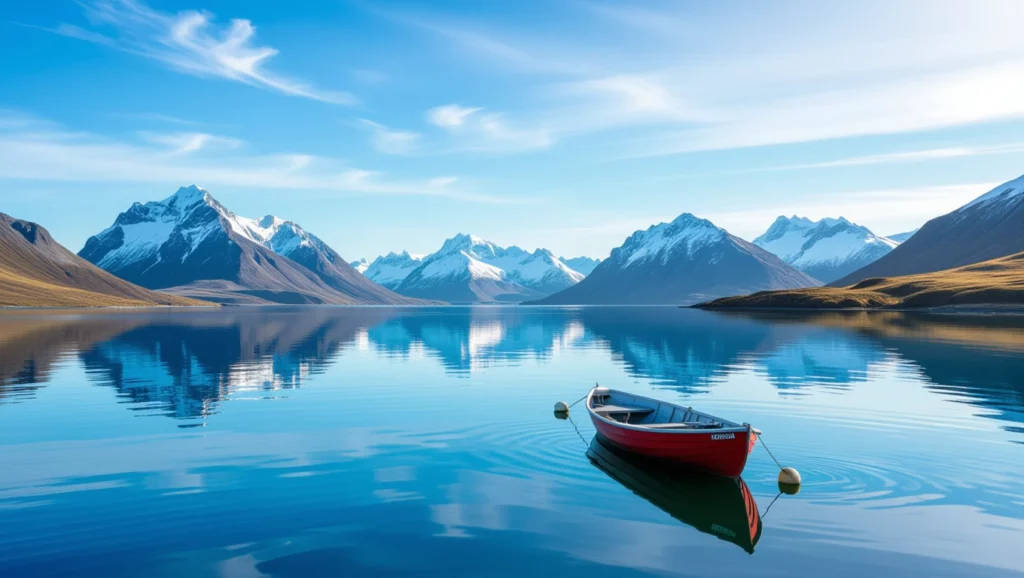 Egy piros csónak lebeg egy nyugodt vízfelszínen, körülötte hegyek és kék égbolt tükröződnek a vízben.