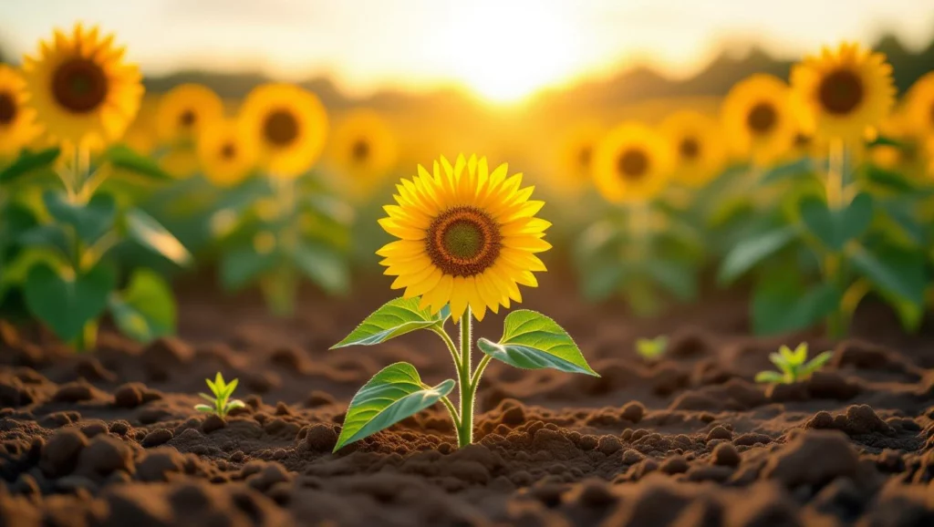 Egy napraforgó virágzik a földben, körülötte más napraforgók sorakoznak, a háttérben naplemente látható.