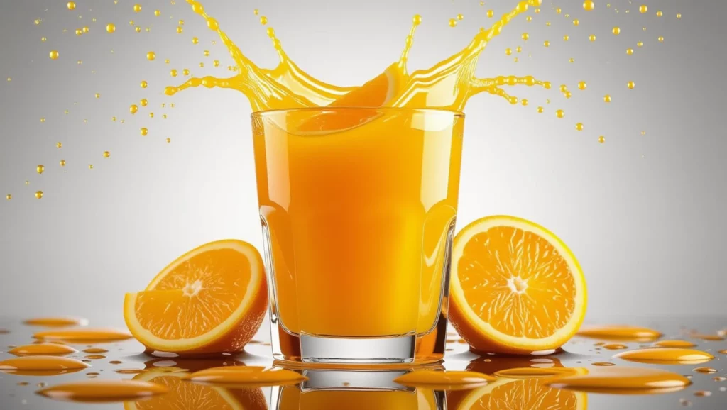 Friss narancslé egy pohárban, narancs szeletekkel körülvéve, cseppfolyós hatással.