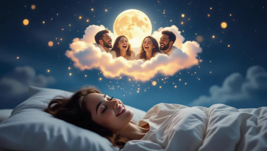 Egy nő alszik az ágyában, miközben álmaiban nevető barátai jelennek meg egy felhőn a telihold fényében.