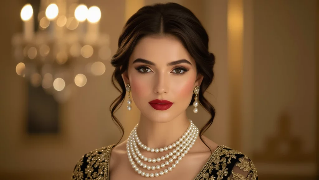 A gyönyörű nő elegáns nyakékben, amely a gazdagság és a szépség szimbóluma, álmainkban a siker és a vonzalom megjelenését jelzi.