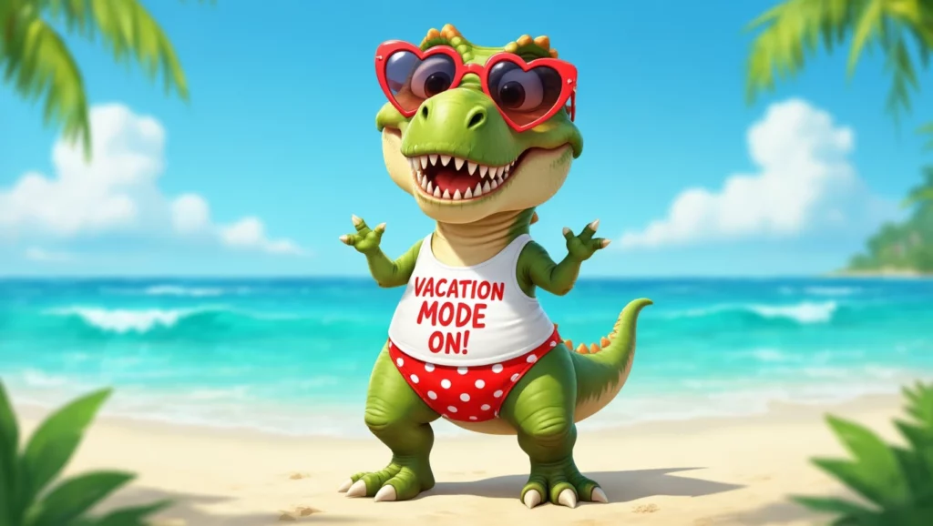 Egy vidám dínó napszemüvegben és fürdőnadrágban, nyaralás hangulatban.