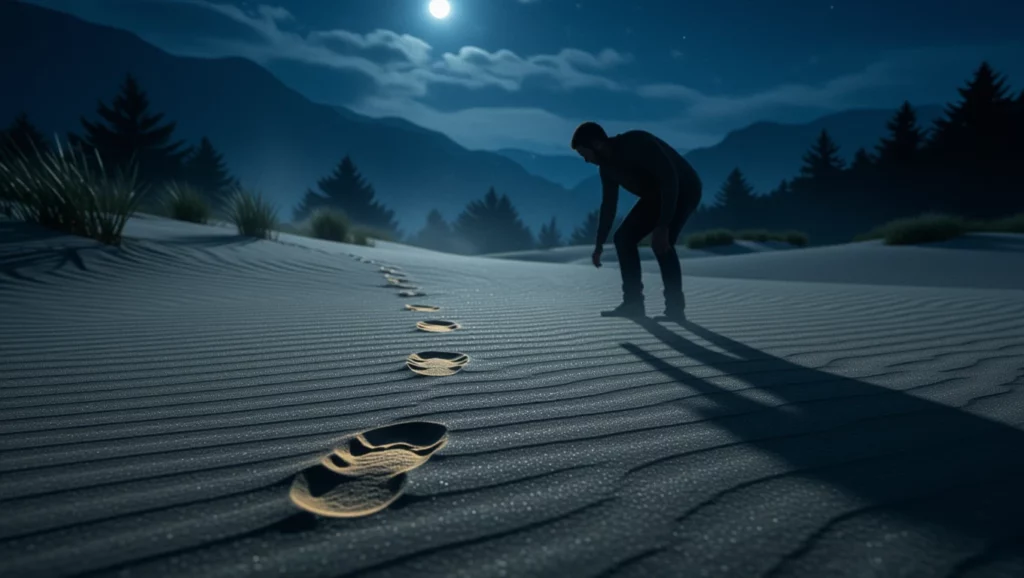 Egy ember nyomokat vizsgál a homokban, a holdfény alatt egy éjszakai tájban.