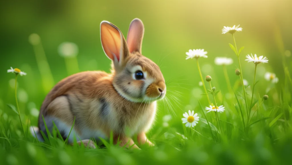 Egy aranyos nyúl ül a zöld fűben, körülötte fehér virágok nyílnak, napsütéses időben.