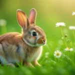 Egy aranyos nyúl ül a zöld fűben, körülötte fehér virágok nyílnak, napsütéses időben.