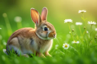 Egy aranyos nyúl ül a zöld fűben, körülötte fehér virágok nyílnak, napsütéses időben.