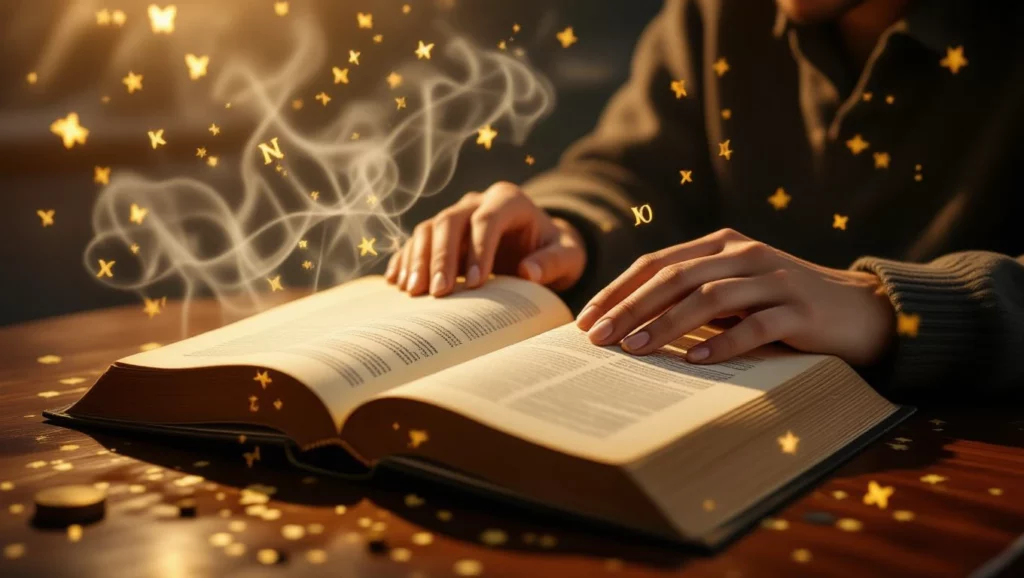 Egy könyv lapjait nézi valaki, miközben varázslatos fények és csillagok keringenek körülötte.