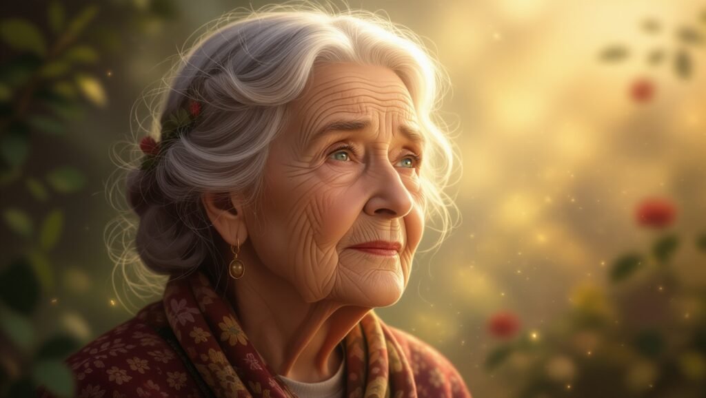 Az öreg asszony arca a hosszú élet bölcsességét tükrözi, álomban a múlt emlékei elevenednek meg.
