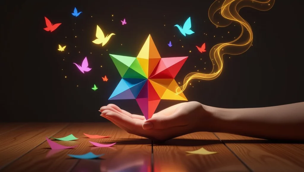 Színes origami csillag egy kézben, körülötte színes pillangók és varázslatos füst.