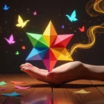 Színes origami csillag egy kézben, körülötte színes pillangók és varázslatos füst.