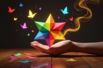 Színes origami csillag egy kézben, körülötte színes pillangók és varázslatos füst.