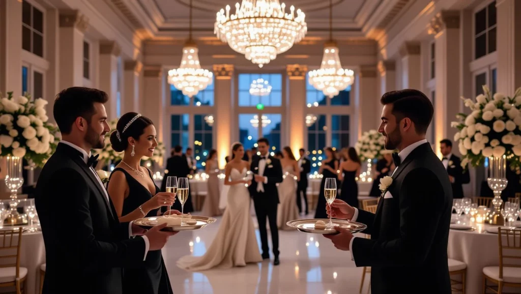 Elegáns összejövetel egy díszes teremben, ahol vendégek pezsgőt isznak és finom falatokat kínálnak.