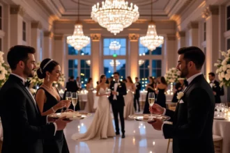 Elegáns összejövetel egy díszes teremben, ahol vendégek pezsgőt isznak és finom falatokat kínálnak.
