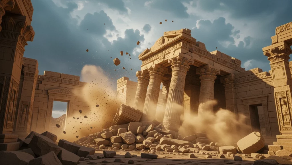 Egy ősi templom romjai, ahol hatalmas kövek és törmelék hever, porfelhő kavarog körülöttük, a háttérben sötét felhők láthatók.