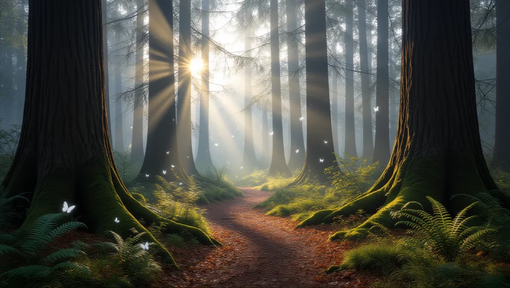 Egy gyönyörű erdei ösvény, amelyet fák és zöld növényzet vesz körül, napfény szűrődik át a lombkoronán.