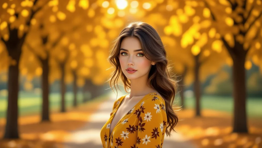 Egy fiatal nő áll egy őszi fákkal szegélyezett úton, sárga virágos ruhában.