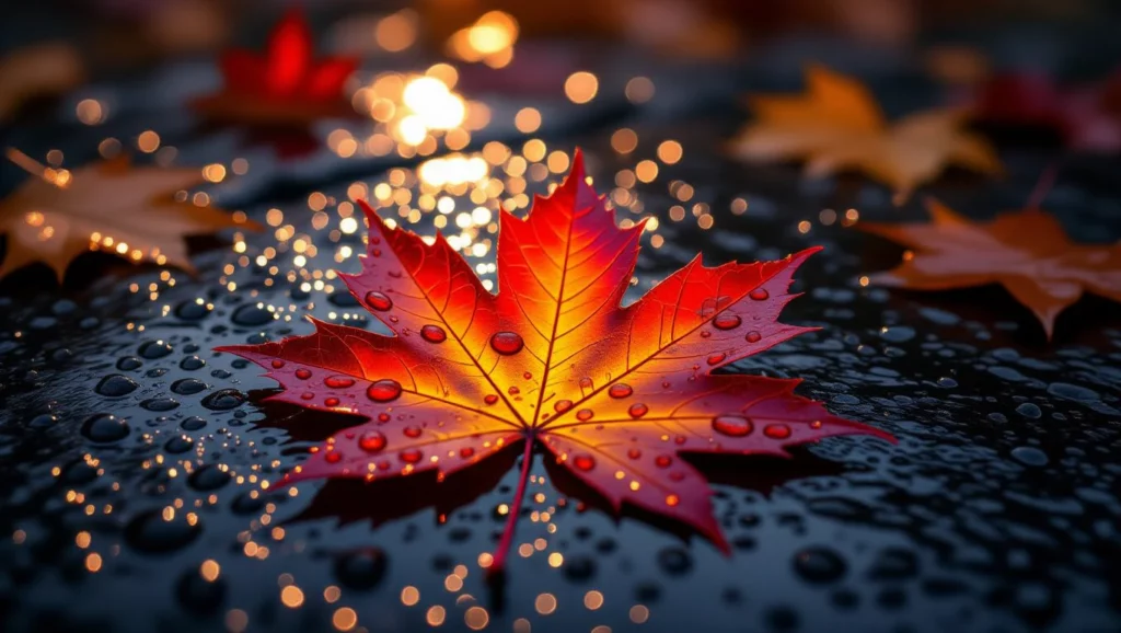 Egy piros őszi falevél cseppekkel borítva, ragyogó háttérben.