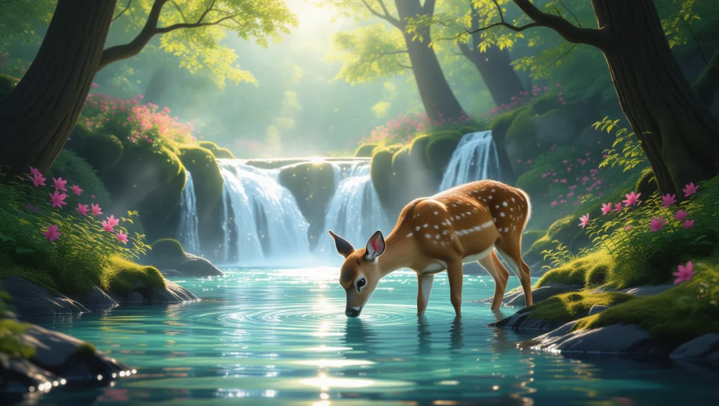 Egy őzike áll a vízparton, csodás tájban, ahol vízesés és zöld fák találhatók.