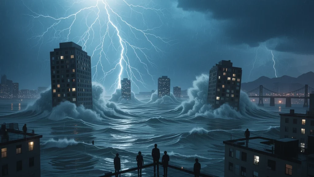 A város felett dühöngő özönvíz, villámokkal és hatalmas hullámokkal.