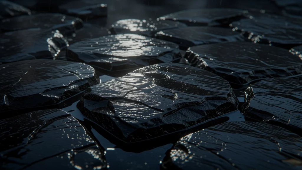 Fekete pala kövek egy vízfelületen, csillogó fényekkel.