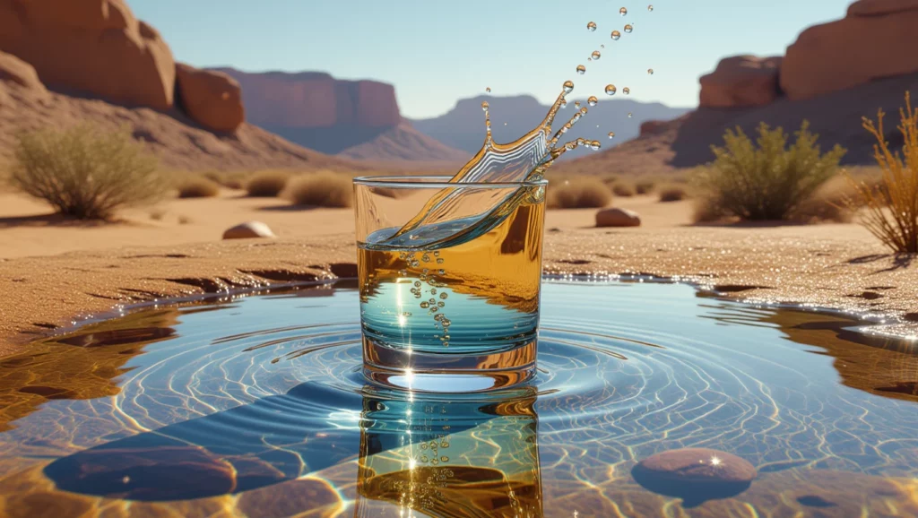 Egy pohár pálinka, amiből vízcseppek fröccsennek a víz tükörsima felszínén, a háttérben sivatagi táj látható.