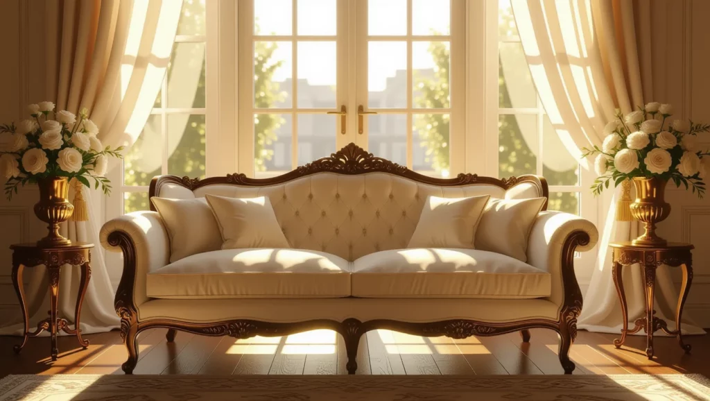 Egy elegáns pamlag áll egy világos szobában, napfény árad be az ablakokon.