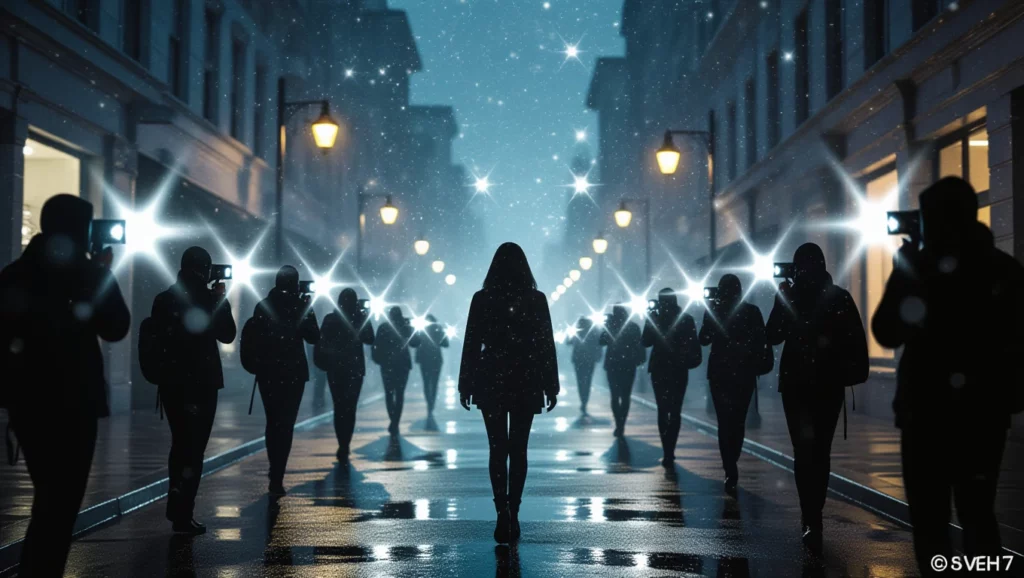 Egy sötét utcán egy nő áll, körülötte paparazzik fényképeznek, vakító villanásokkal.