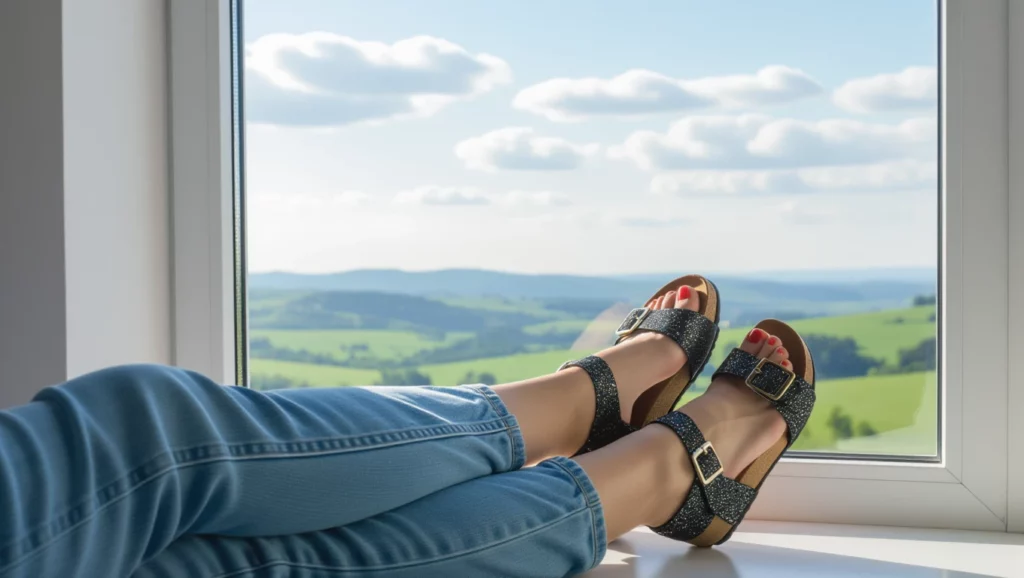 A papucsban pihenő láb látványa, amely a nyugalmat és a kikapcsolódást szimbolizálja.