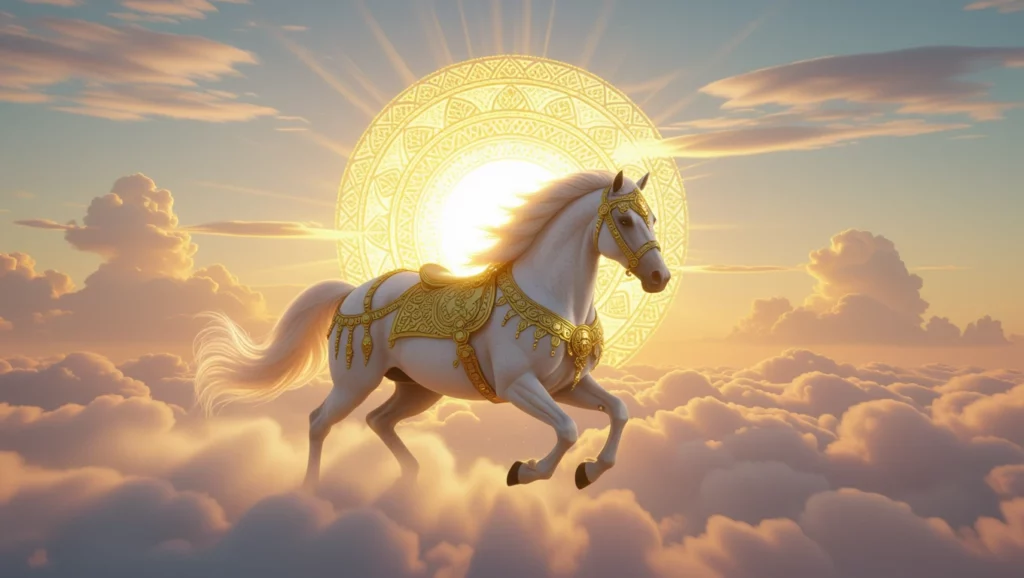 Egy gyönyörű, arany díszítéssel ellátott fehér ló száguld a felhők között, a nap fényével háttérben.