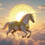 Egy gyönyörű, arany díszítéssel ellátott fehér ló száguld a felhők között, a nap fényével háttérben.