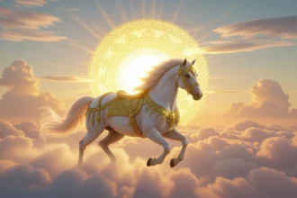 Egy gyönyörű, arany díszítéssel ellátott fehér ló száguld a felhők között, a nap fényével háttérben.
