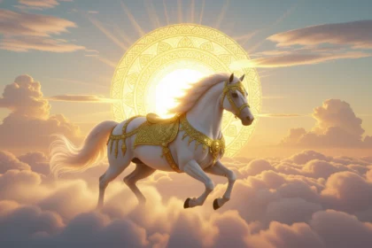 Egy gyönyörű, arany díszítéssel ellátott fehér ló száguld a felhők között, a nap fényével háttérben.
