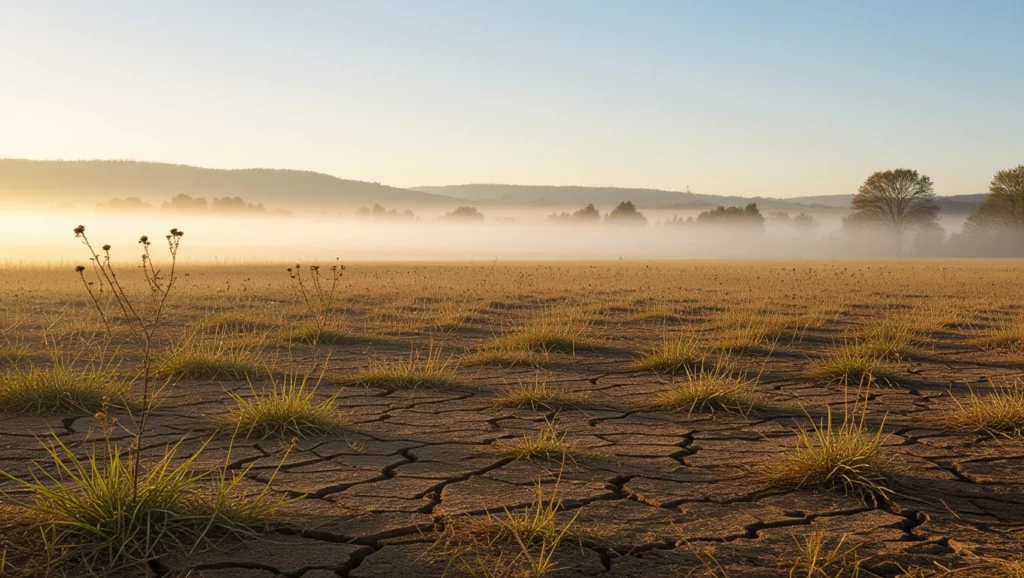 Száraz, repedezett föld, elhagyott terület, gyenge növényzet a háttérben.